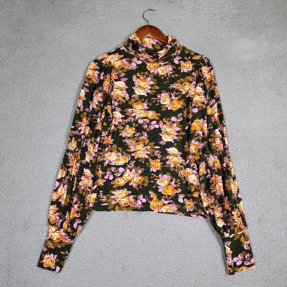 By Anthropologie Top Womens M Black Multi Floral Turtleneck Tiered-Sleeve Blouse - Picture 2 of 12